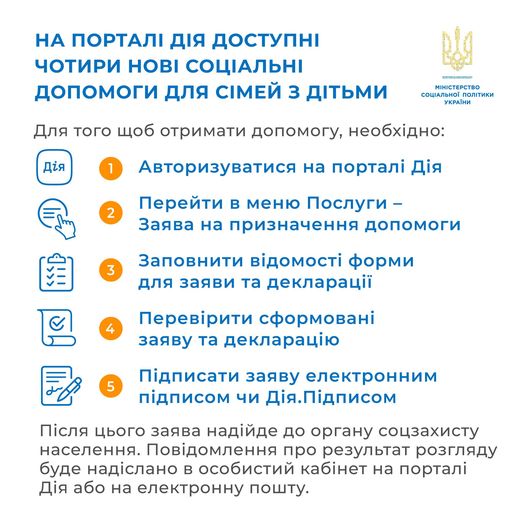 На порталі Дія доступні чотири нові соціальні допомоги для сімей з дітьми.